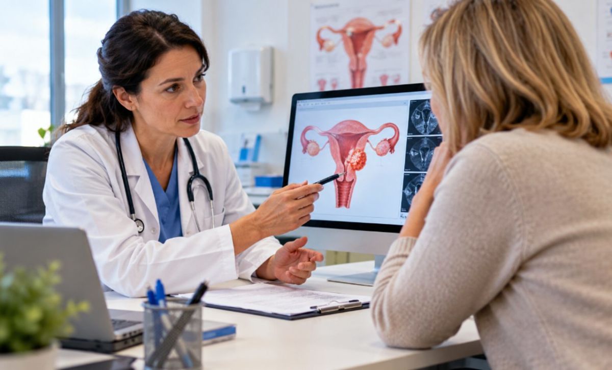 Una médica explica a una paciente información sobre el cáncer de endometrio durante una consulta.